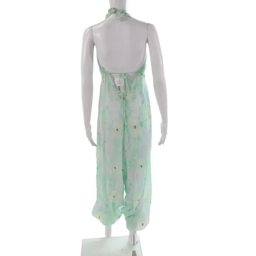 Juliet Dunn Womens Green Tie Dye Halter Sleeveless Jumpsuit Size One Size